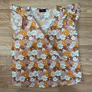 Floral V-Neck Blouse - Orange, White, Pink